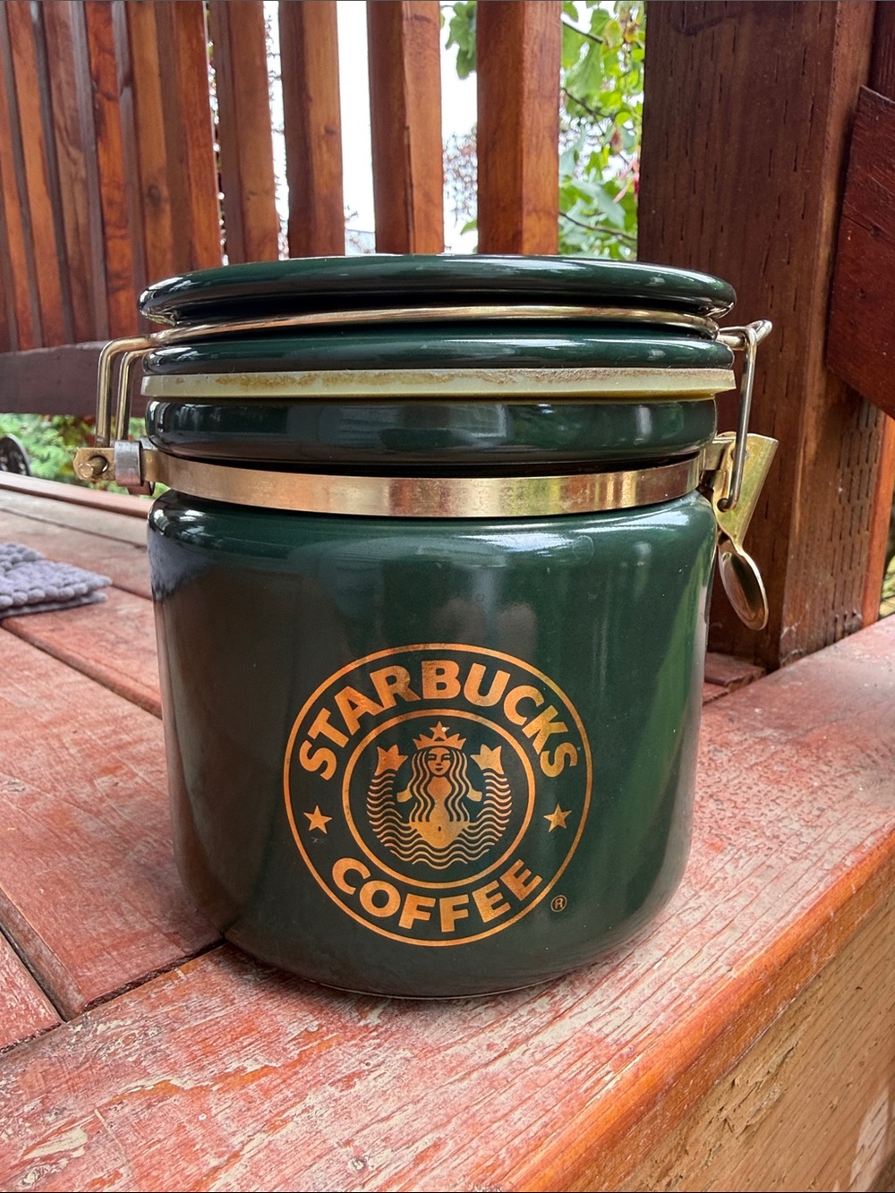 Starbucks Dark Green Ceramic Coffee Canister with Gold Accents